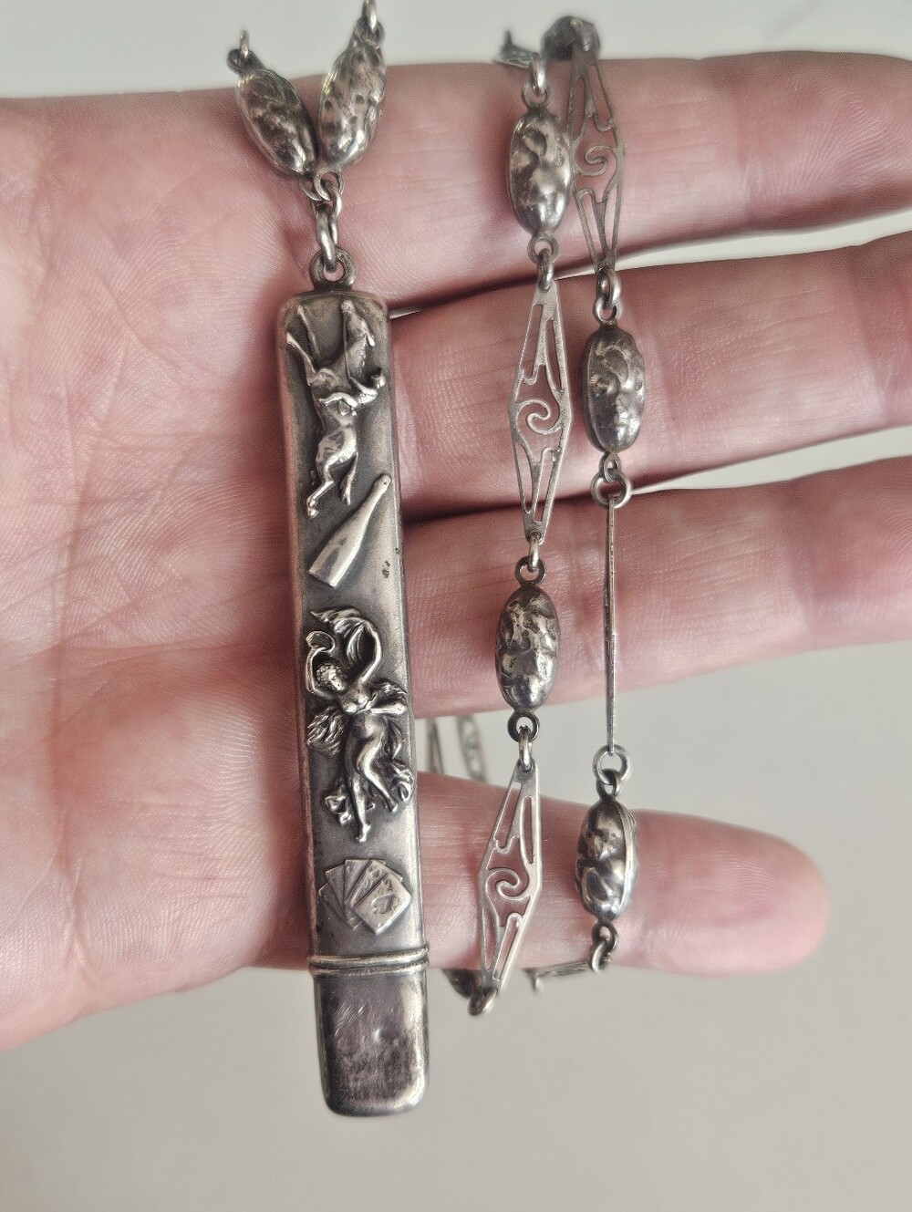 Antique Victorian Sterling Repousse Pencil Pendant Unique 24" Chain Necklace